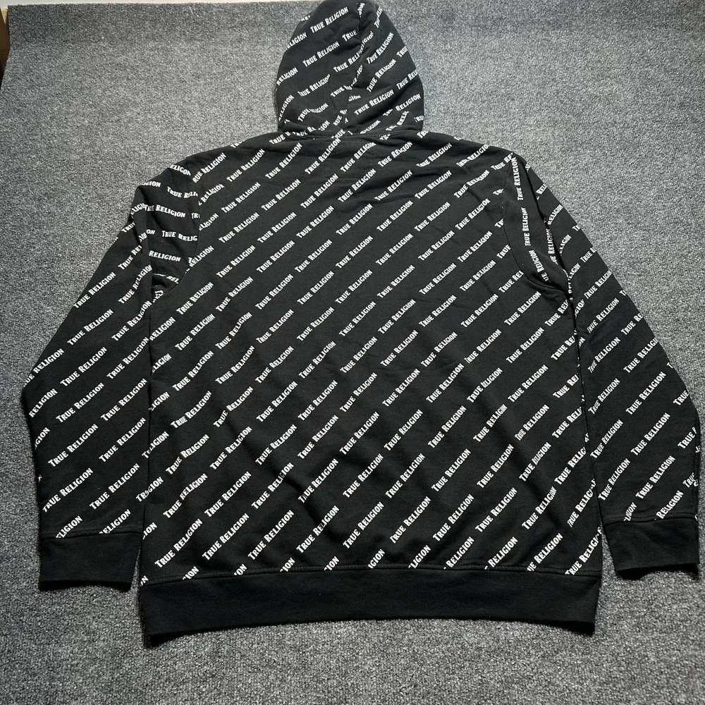 True Religion Mens 2XL Hoodie Black White All Over Logo Pullover